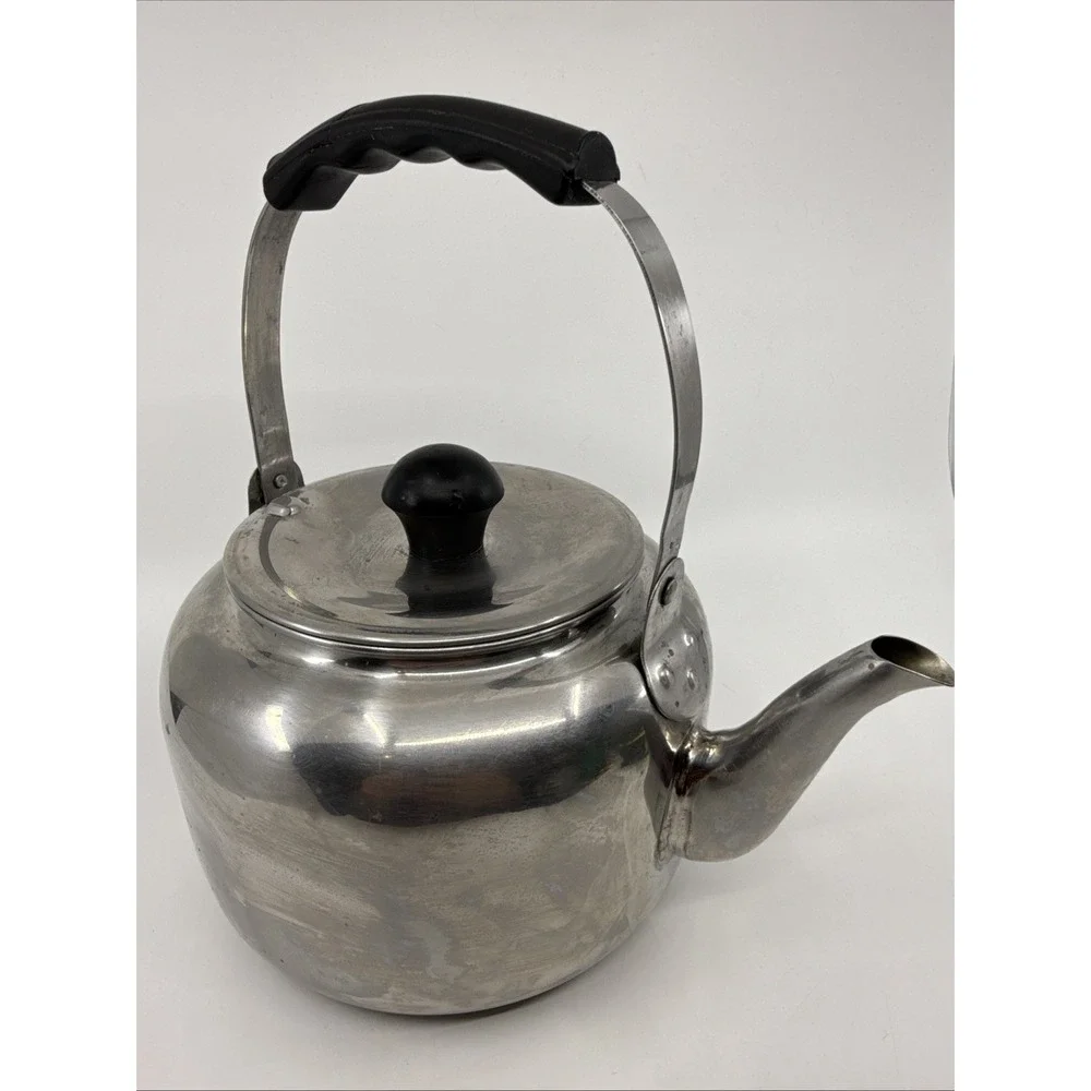 Vtg Farberware Tea Pot Kettle 7020 Stainless Steel 2 Qt. Beveled Cracked Handle